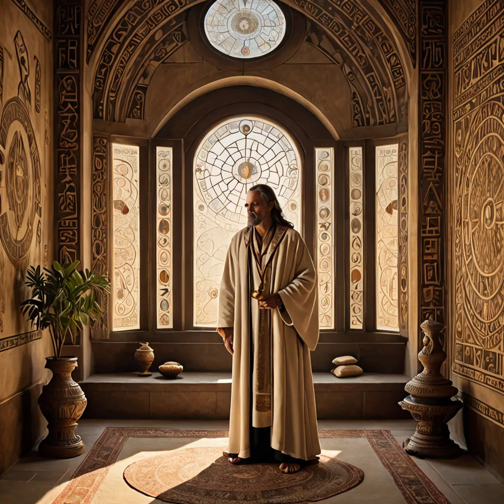 a man in a robe standing in a room with a stained glass window and a rug on the floor, renaissance, a detailed matte painting, Arthur Sarkissian, cinematic photography