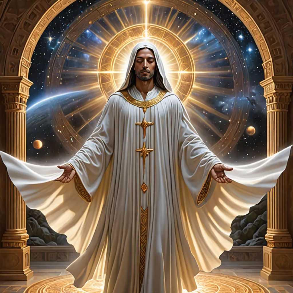 a painting of jesus standing in front of a doorway with his hands out and his arms outstretched in front of him, fantasy art, a digital rendering, Donato Giancola, divinity