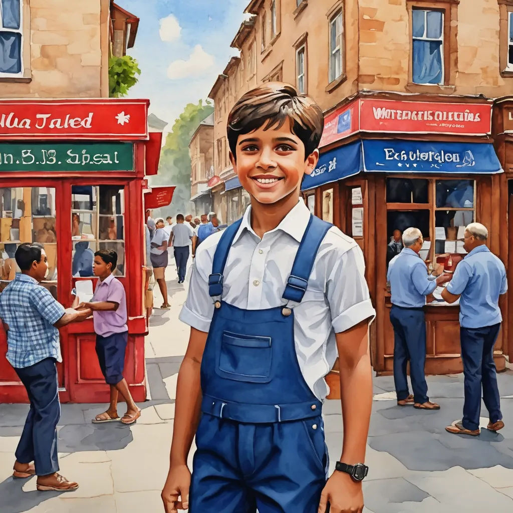a painting of a boy in overalls standing in front of a store front with a red phone booth, fantastic realism, a detailed painting, Bob Byerley, highly detailed digital painting