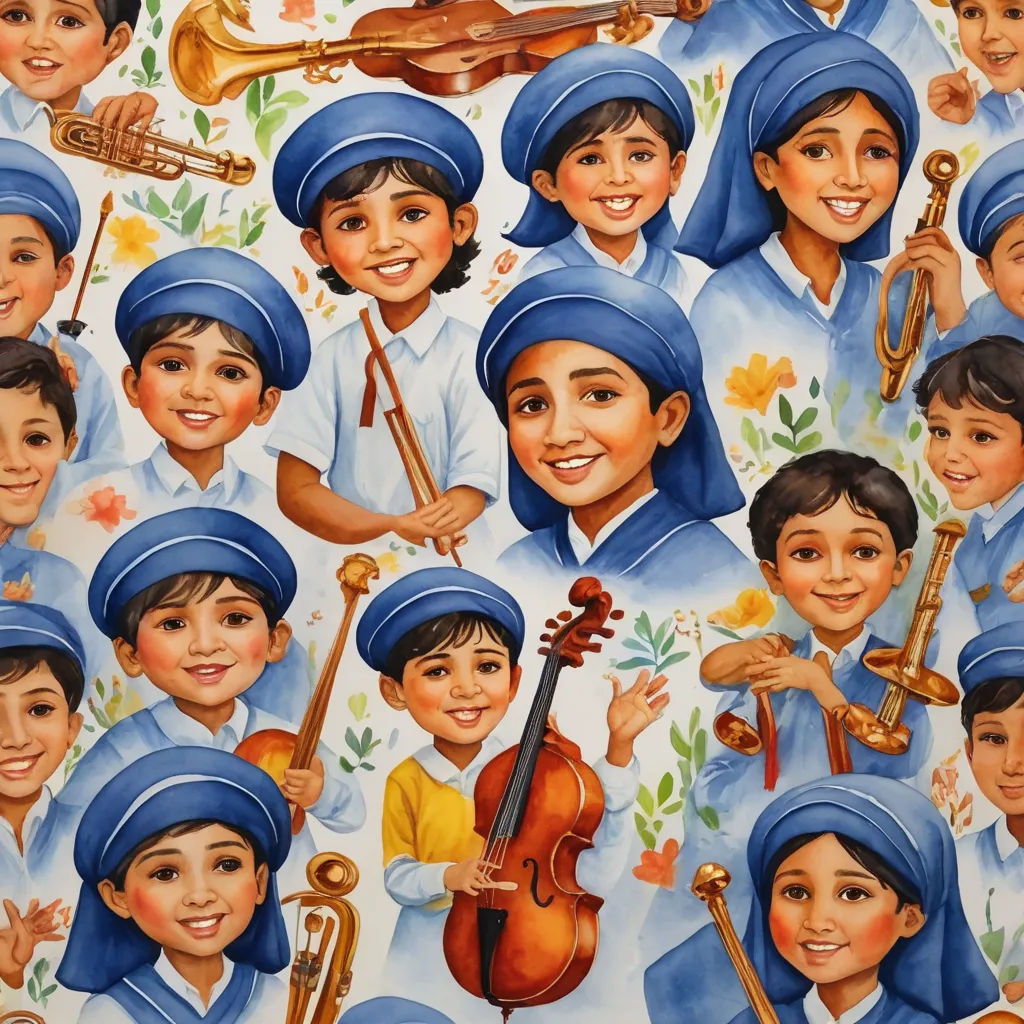 a painting of a group of children with instruments and music instruments on a white background with flowers and leaves, naive art, a detailed painting, Brothers Hildebrandt, in gouache detailed paintings
