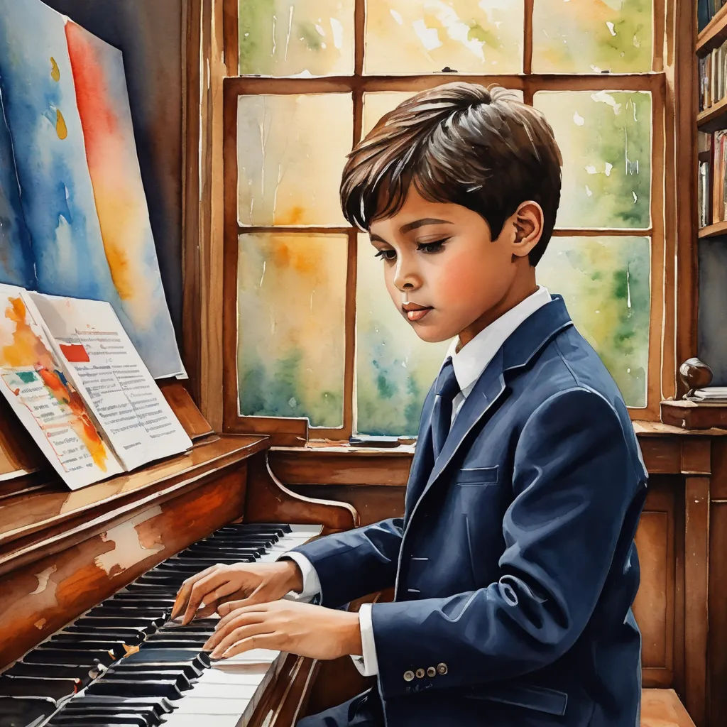 a painting of a boy playing a piano in a room with a window and bookshelf in the background, photorealism, a photorealistic painting, Colin Middleton, professional digital painting