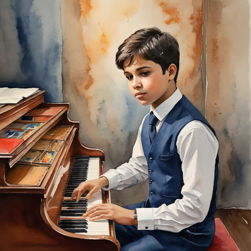 a painting of a boy playing a piano in a room with a painting of a piano behind him and a painting of a piano, figurative art, a digital painting, Diego Gisbert Llorens, professional digital painting