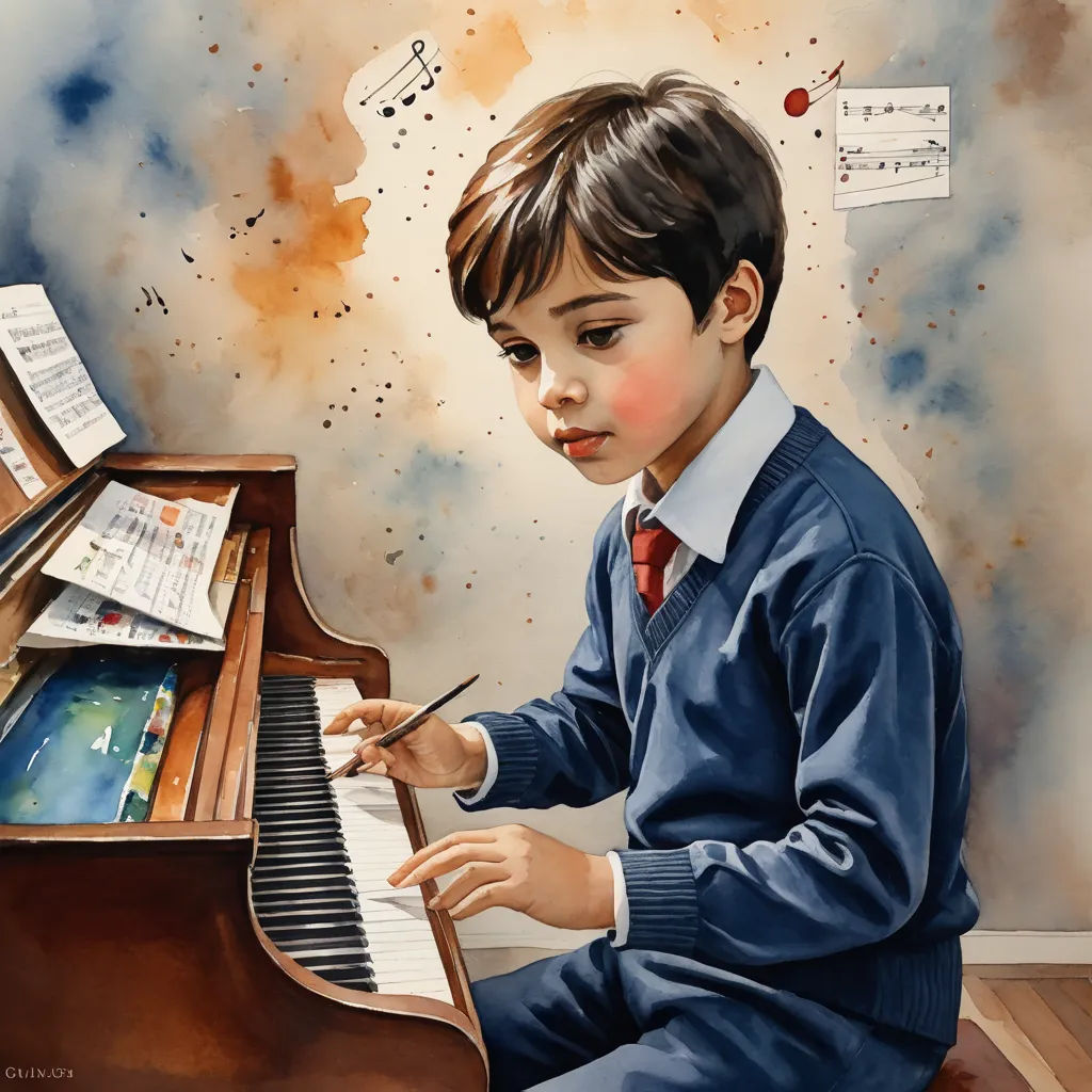 a painting of a boy playing a piano with music notes flying around him and a sheet of paper stuck to the piano, photorealism, a detailed painting, Alejandro Burdisio, highly detailed digital painting