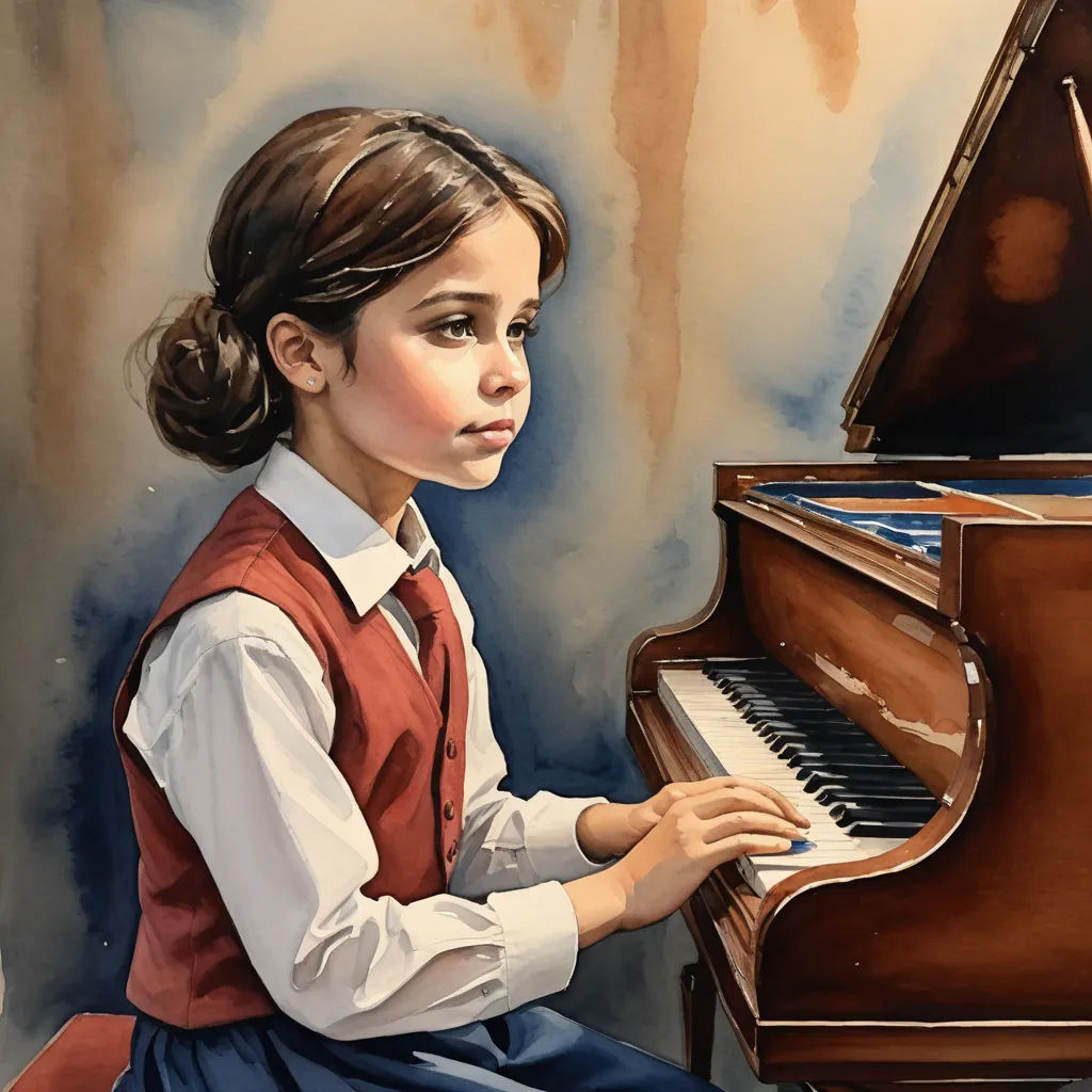 a painting of a girl playing a piano in a room with a blue wall and a brown chair and a painting of a girl in a red vest, figurative art, an ultrafine detailed painting, Diego Gisbert Llorens, detailed oil painting