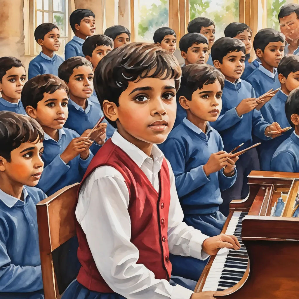 a painting of a boy playing a piano in front of a group of other boys in school uniforms,, bengal school of art, an oil painting, Bhupen Khakhar, extremely detailed oil painting