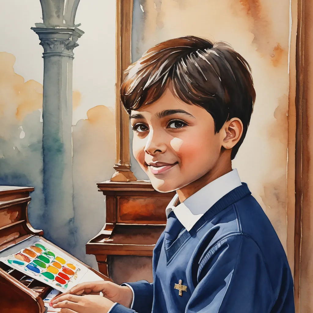 a painting of a boy playing a piano with a colorful instrument in front of him and a clock in the background, modern european ink painting, a watercolor painting, Diego Gisbert Llorens, in gouache detailed paintings