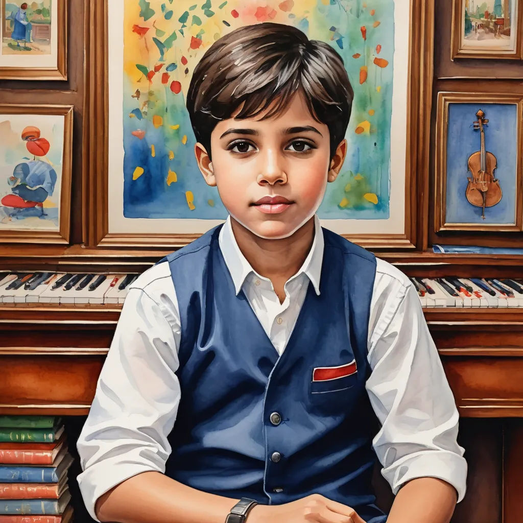a painting of a boy sitting in front of a piano with a painting of a violin behind him on the wall, photorealism, an oil on canvas painting, Bhupen Khakhar, extremely detailed oil painting
