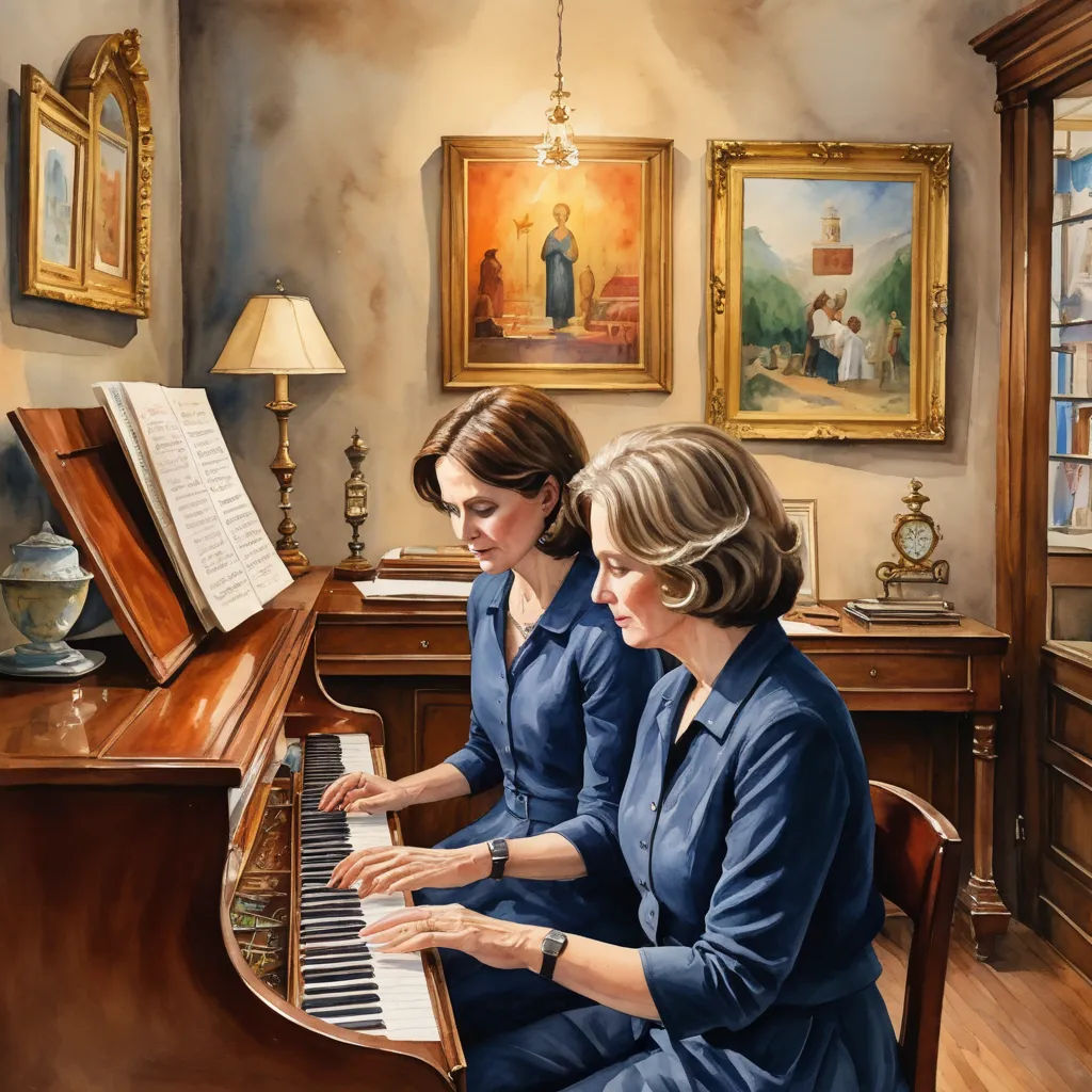 two women sitting at a piano playing music together in a room with paintings on the wall and a lamp, american scene painting, a fine art painting, Carol Sutton, detailed painting