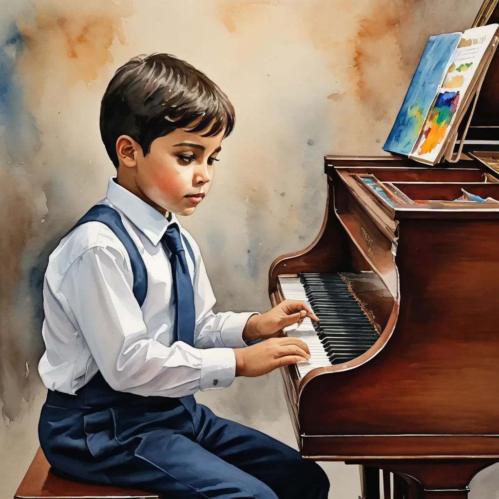a painting of a boy playing a piano with a book on top of it and a picture of a bird on the piano, american scene painting, a fine art painting, Diego Gisbert Llorens, professional digital painting