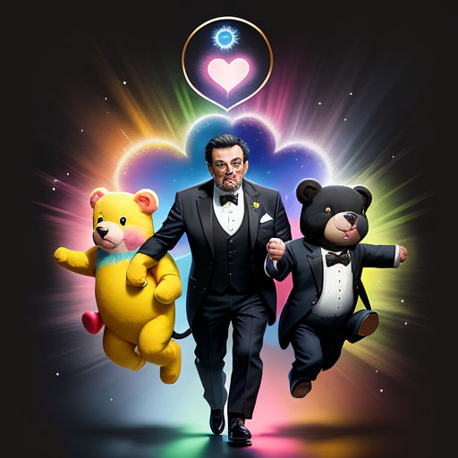 a man in a tuxedo and two teddy bears are walking together in front of a heart shaped light, rayonism, an album cover, Boris Vladimirski, promotional image