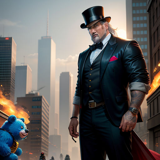 a man in a suit and top hat standing next to a teddy bear in a city street with flames, symbolism, a character portrait, Dong Kingman, promotional image