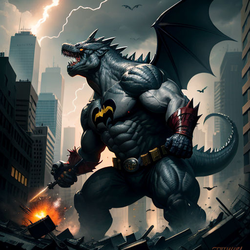 a godzilla with a bat on his back in a city with lightning in the background and a lightning bolt in the sky, furry art, a comic book panel, Adam Rex, dragon art