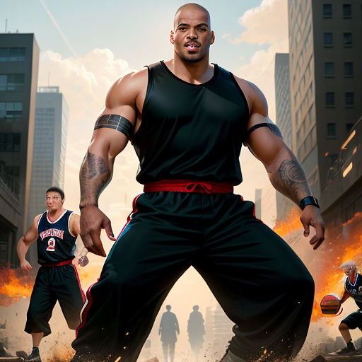a man in a black shirt and a basketball player in a city street with buildings in the background and a fire in the air, fantastic realism, a poster, Cedric Seaut (Keos Masons), promotional image