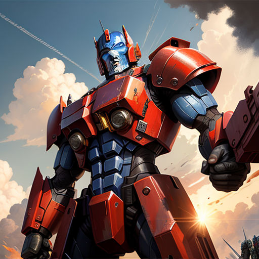 a robot that is standing in the air with a gun in his hand and a sky background with clouds, sots art, an ultrafine detailed painting, Clint Cearley, trending on artstation hq