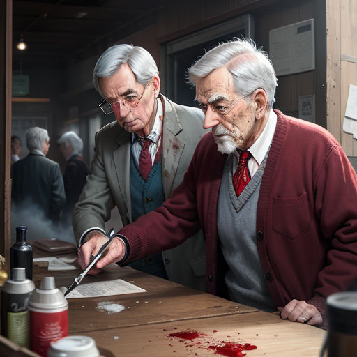 two men in a room with blood on the table and a knife in his hand and blood on the table, photorealism, a hyperrealistic painting, Evgeny Lushpin, ultra realistic digital art