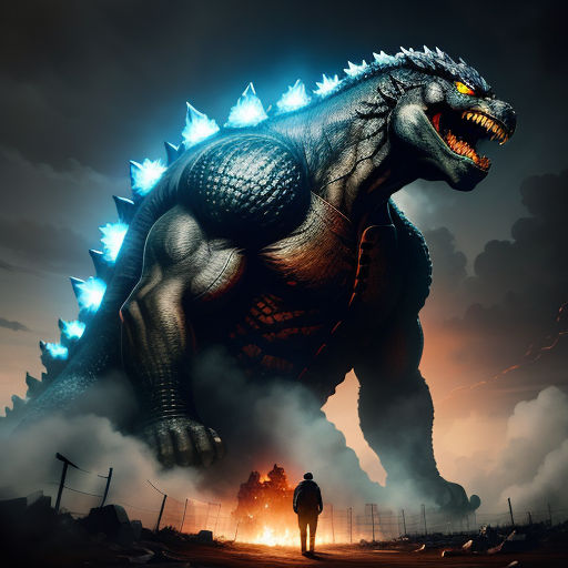 a godzilla is standing in front of a man in a dark sky with a glowing light on his face, sots art, poster art, Dan Mumford, official art