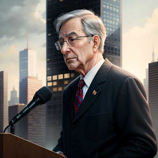 a man in a suit and tie standing at a podium with a microphone in front of him and a cityscape in the background, american realism, a hyperrealistic painting, Bob Singer, dan mumford. octane render