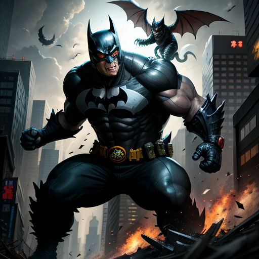 a batman is standing in the middle of a city street with a bat on his back and a demon on his shoulder, fantasy art, a comic book panel, Anne Stokes, stanley artgerm lau