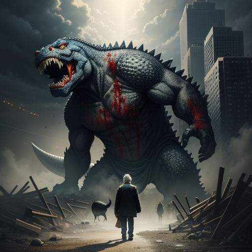 a man standing in front of a giant godzilla with blood on it's face and mouth, in a city, fantasy art, poster art, Dirk Crabeth, art greg rutkowski