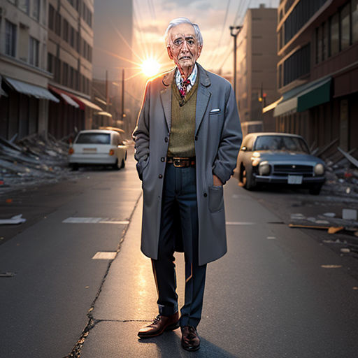 a man standing on a street next to a building with a broken window and a car parked on the side of the road, international typographic style, a character portrait, Eizan Kikukawa, loftis