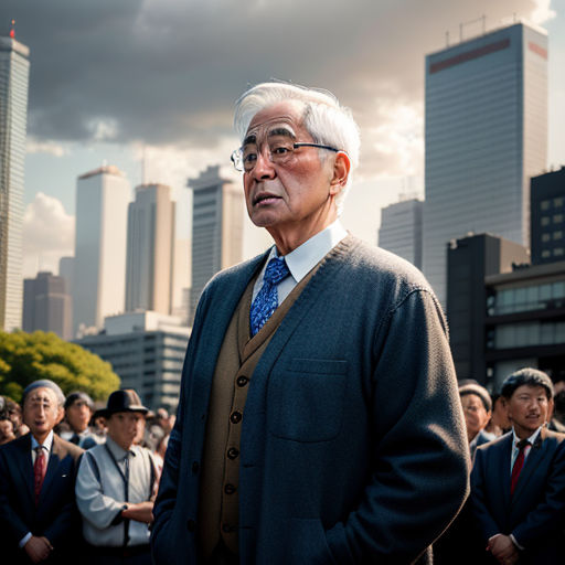 a man in a suit and tie standing in front of a crowd of people in a city with tall buildings, precisionism, a character portrait, Aguri Uchida, cinematic photography