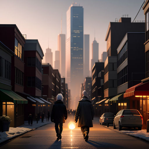 two people walking down a street in the middle of a city at sunset with a skyscraper in the background, photorealism, a matte painting, Evgeny Lushpin, dan mumford. octane render