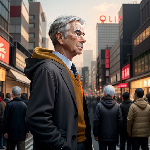 a man in a suit and tie standing in a crowded street in a city with tall buildings and people walking around, hyperrealism, a character portrait, David Annand, cinematic photography