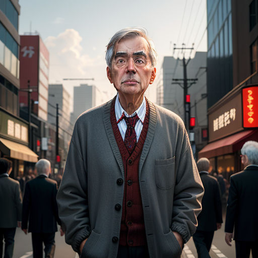 a man standing in the middle of a street with a lot of people walking around him and a red light, photorealism, a character portrait, Daniel Lieske, cinematic photography