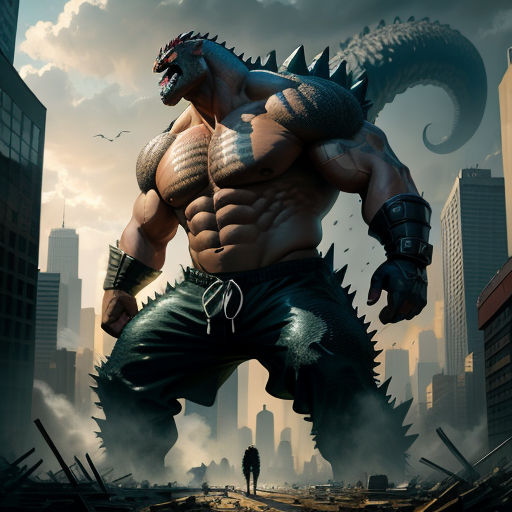 a man in a godzilla costume standing in front of a city skyline with a huge godzilla on his chest, photorealism, concept art, Darek Zabrocki, behance hd