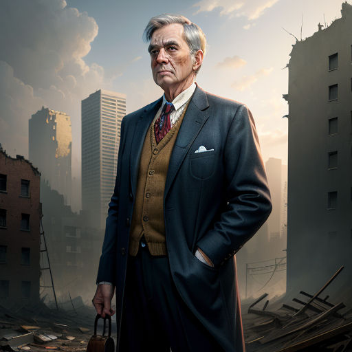 a man in a suit and tie standing in front of a city skyline with buildings and a train track, new objectivity, a character portrait, Carel Willink, character portrait