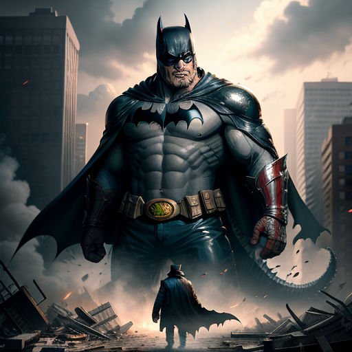 a batman standing in front of a city skyline with a giant bat on his chest and a giant demon on his shoulder, fantasy art, concept art, Eddie Mendoza, behance hd