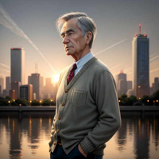 a man standing in front of a body of water with a city in the background at sunset or dawn, photorealism, a character portrait, David Annand, cinematic photography