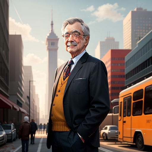 a man in a suit and tie standing on a street with a bus in the background and a cityscape in the background, international typographic style, a character portrait, Eric de Kolb, character portrait