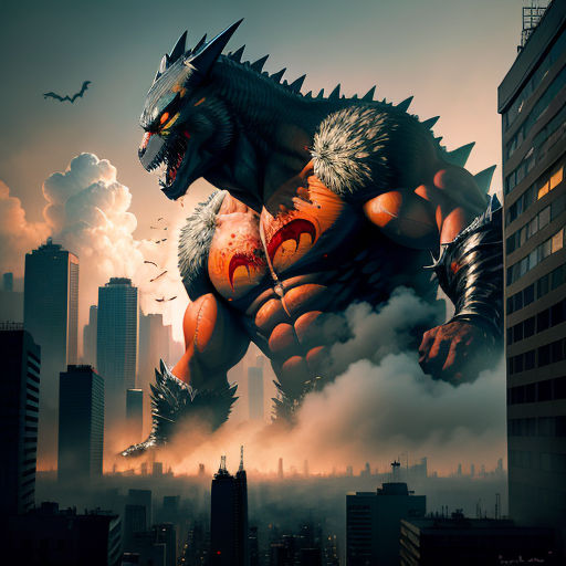 a godzilla is in the middle of a city with skyscrapers in the background and a bird flying over it, fantasy art, poster art, Adam Rex, dragon art