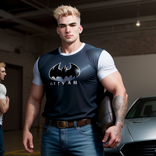 a man in a batman t - shirt standing next to a car in a garage with a woman standing next to him, cobra, a silk screen, Brian Alfred, promotional image