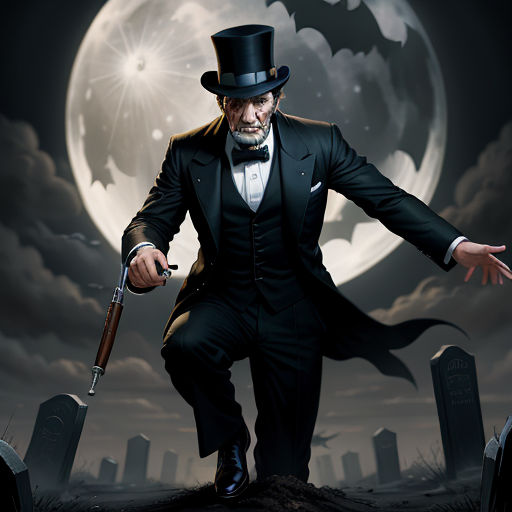 a man in a suit and top hat holding a gun in front of a cemetery with a full moon in the background, gothic art, poster art, Chris Rallis, comic cover art