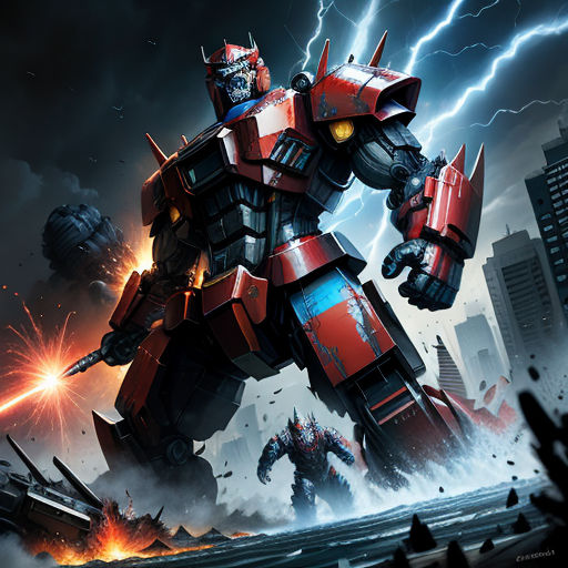 a robot that is standing in the air with a lightning behind it and a city in the background with buildings, sots art, poster art, Dan Mumford, mecha