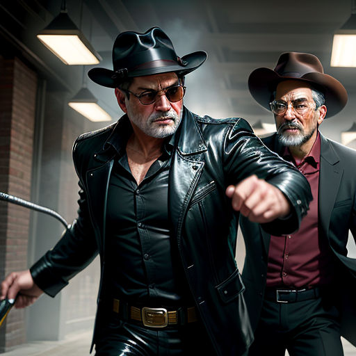 two men in leather jackets and hats are holding a motorcycle and pointing at something with a gun in his hand, serial art, concept art, Eddie Mendoza, unreal engine 5 quality render
