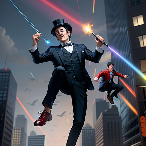 a man in a suit and top hat is holding a wand and jumping in the air with two other men in the background, toyism, a character portrait, Chris LaBrooy, promotional image