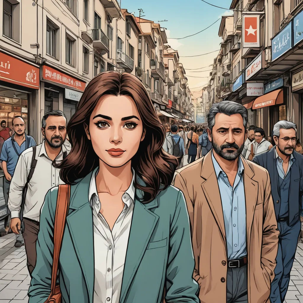 a woman in a blue jacket is walking down a crowded street with a man in a brown jacket and a man in a blue shirt, serial art, a comic book panel, Ayshia Taşkın, graphic novel