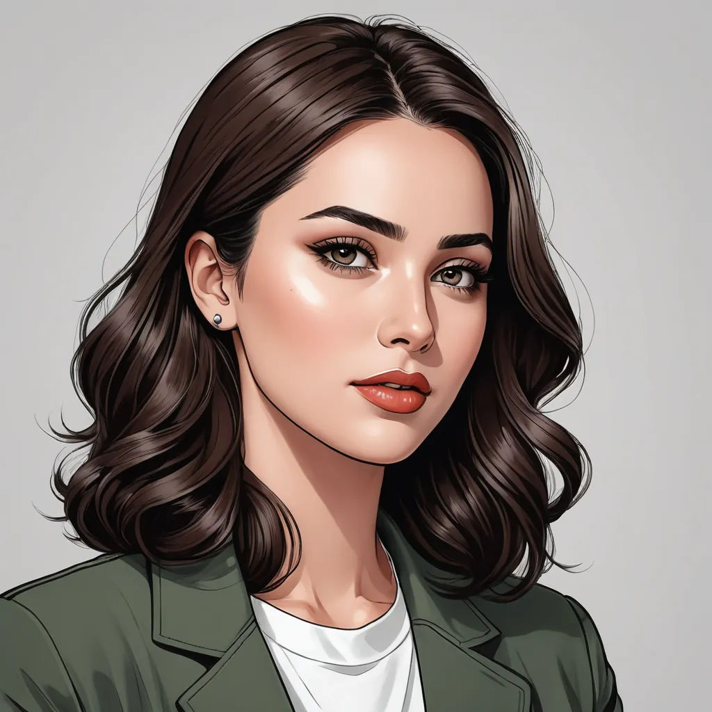 a woman with long hair and a green jacket on her shoulders, with a white shirt on and a green jacket on, fantasy art, a detailed painting, Artgerm, realistic shaded perfect face