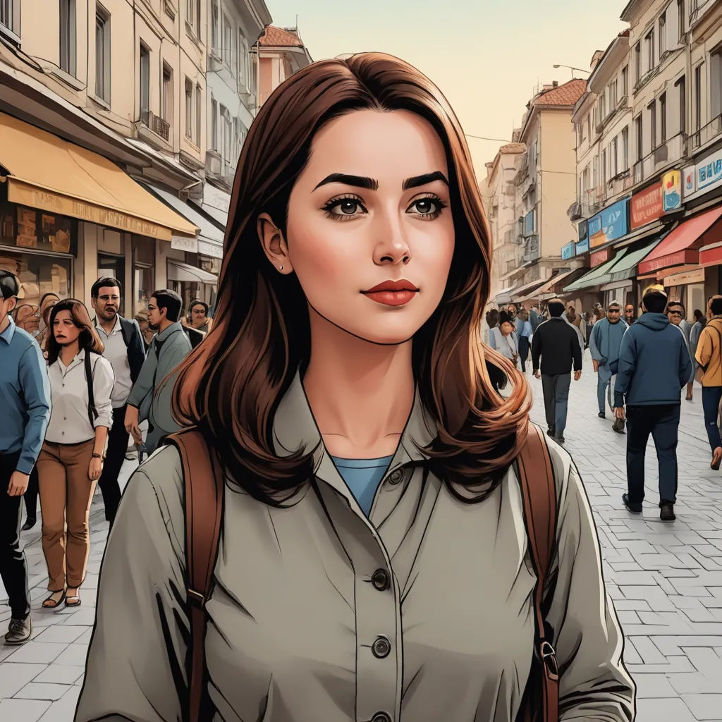 a woman with a backpack on a city street with people walking around her and a man walking down the street, serial art, a comic book panel, Elina Karimova, high detail illustration