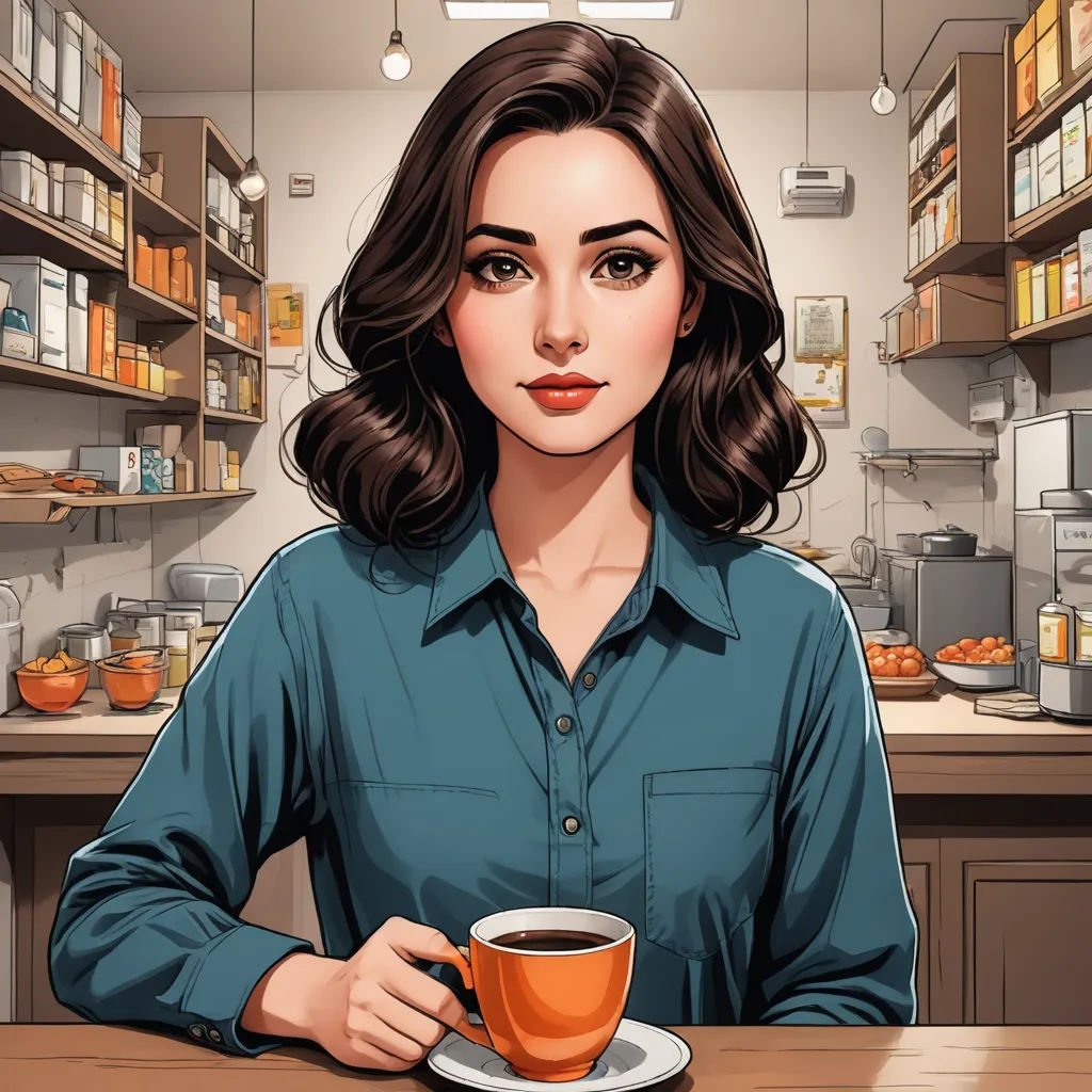 a woman sitting at a table with a cup of coffee in front of her and shelves of food behind her, serial art, a character portrait, Elina Karimova, hyper realistic face