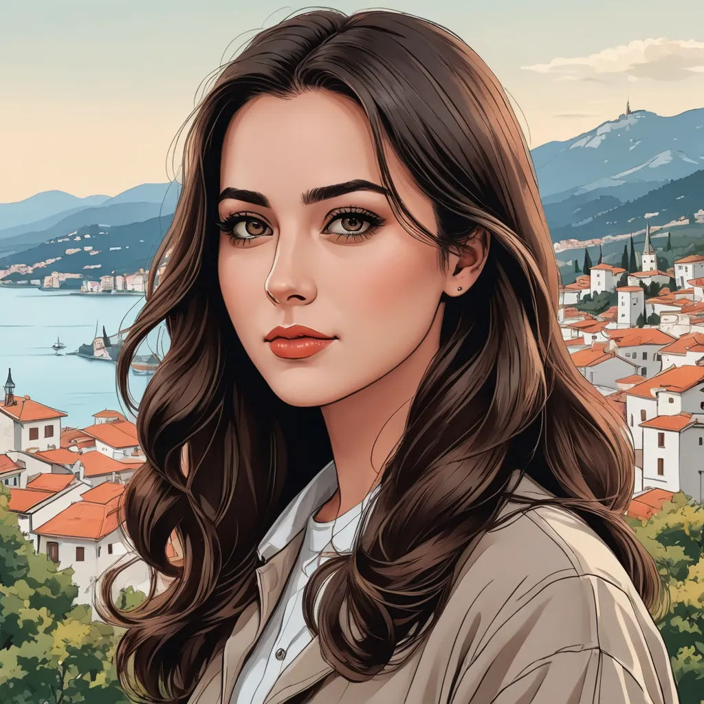 a woman with long hair and a city in the background is featured in a digital painting style, with a city in the foreground, serial art, a detailed painting, Colin Middleton, professional digital painting