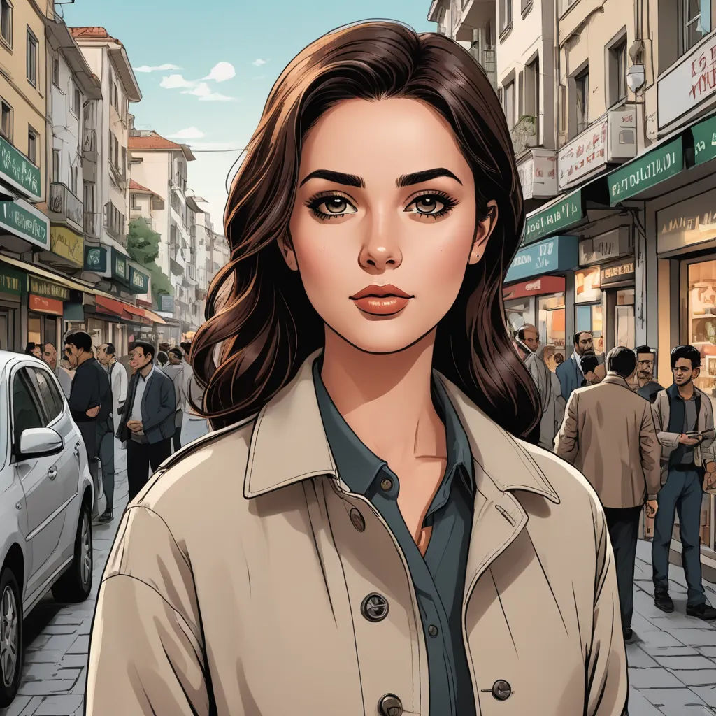 a woman in a trench coat standing in front of a crowd of people on a city street with a car, serial art, a comic book panel, Ayshia Taşkın, graphic novel