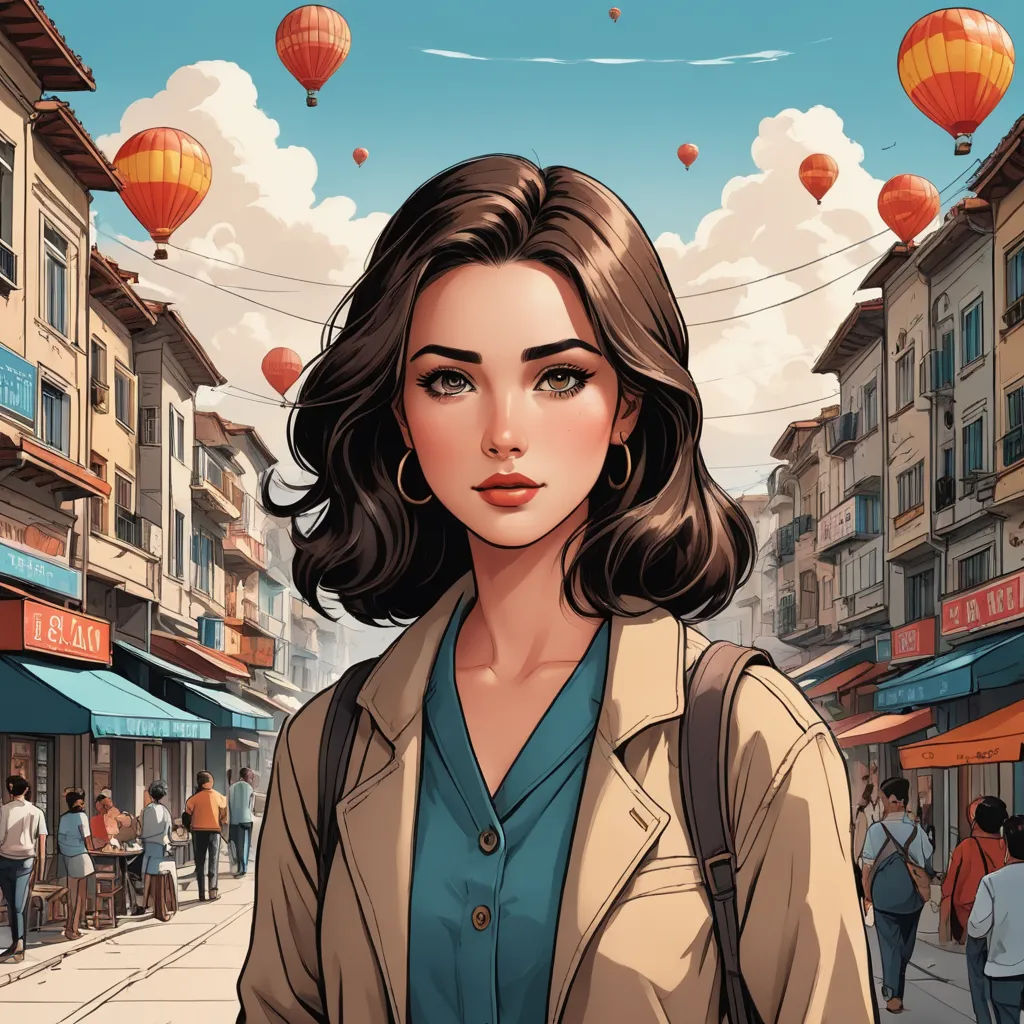 a woman standing on a street with a sky background and balloons in the sky above her head and a city street, fantasy art, a comic book panel, Atey Ghailan, trending on art station