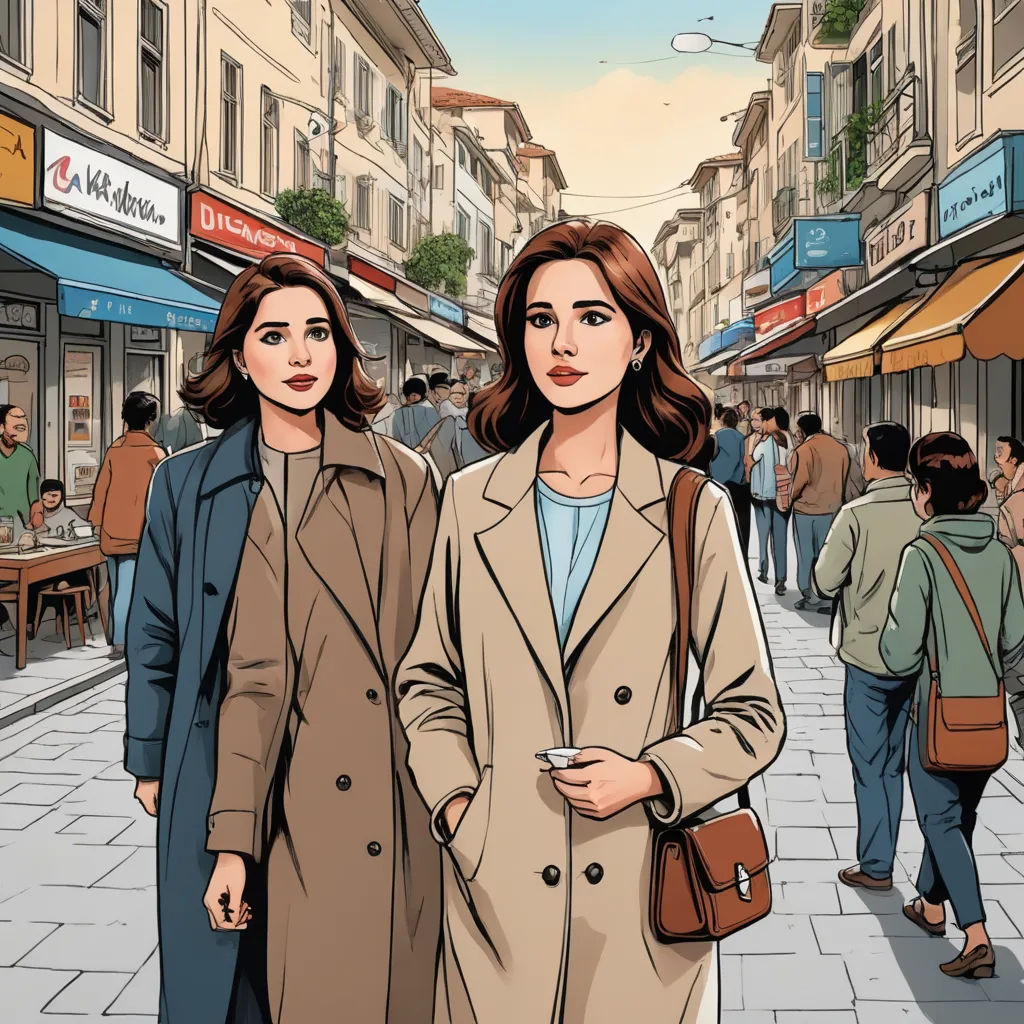 two women walking down a street in a city with shops and people walking by them on the sidewalk and a man holding a cell phone, les automatistes, a comic book panel, Ayshia Taşkın, graphic novel