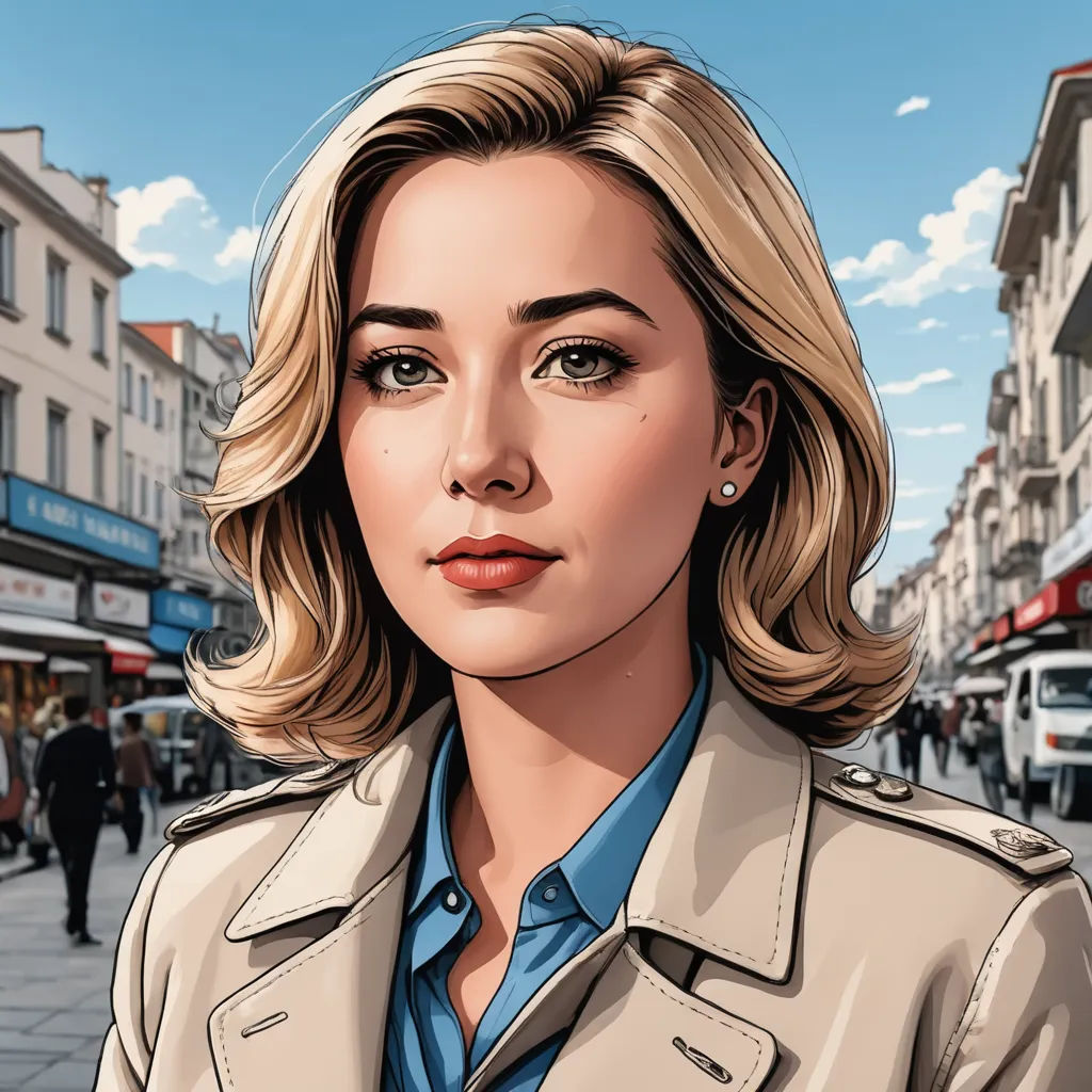 a woman in a trench coat is standing on a street corner with a city in the background and a blue sky, serial art, a character portrait, Claire Falkenstein, rpg portrait