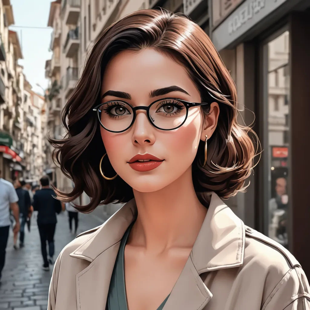 a woman with glasses on a city street with people walking by her and a man walking by her on the sidewalk, modern european ink painting, a photorealistic painting, Elina Karimova, glasses
