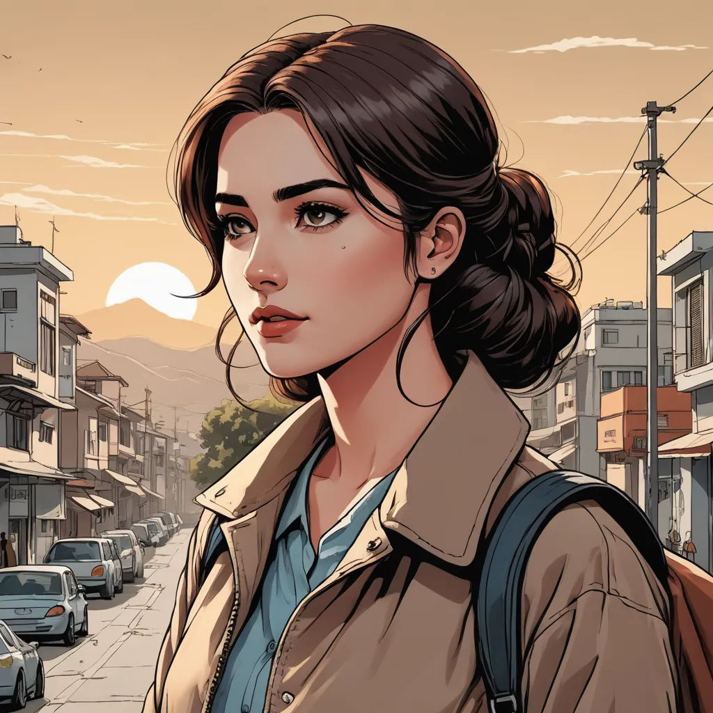 a woman with a backpack on a city street with a sunset in the background and a car parked on the side of the road, serial art, a comic book panel, Atey Ghailan, comic cover art